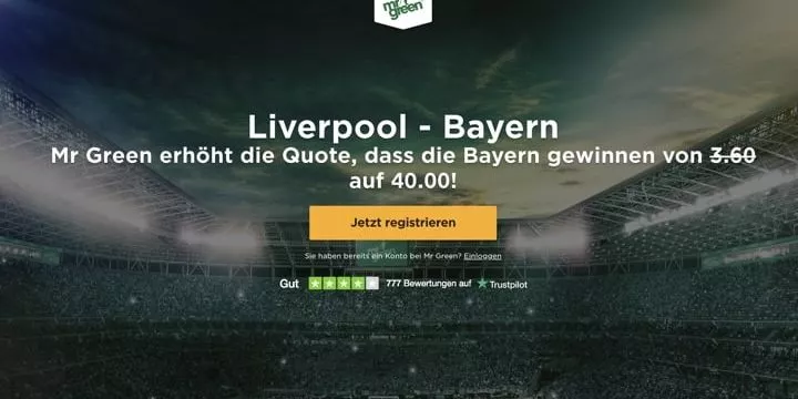 Champions League Wetten - Quote 40 für Sieg von Bayern in Liverpool