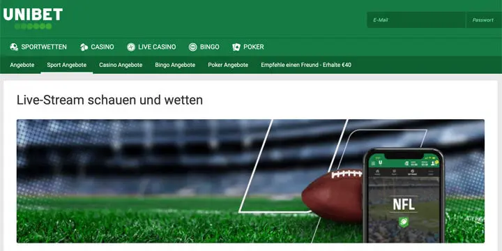 NFL Sportwetten Aktion und Live Stream 2020 bei Unibet