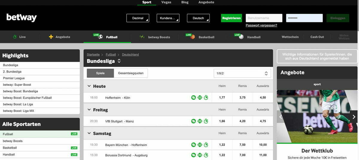 Betway Bundesliga Wetten