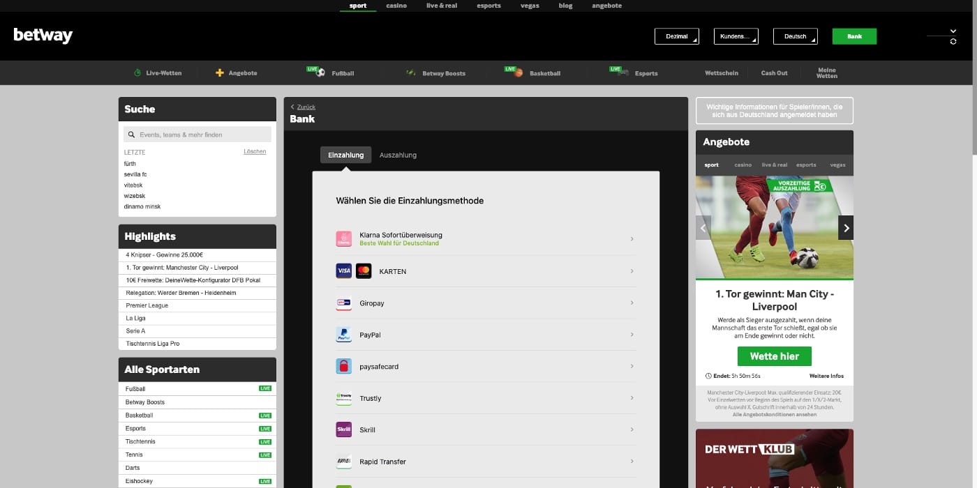 Betway Zahlungsmöglichkeiten