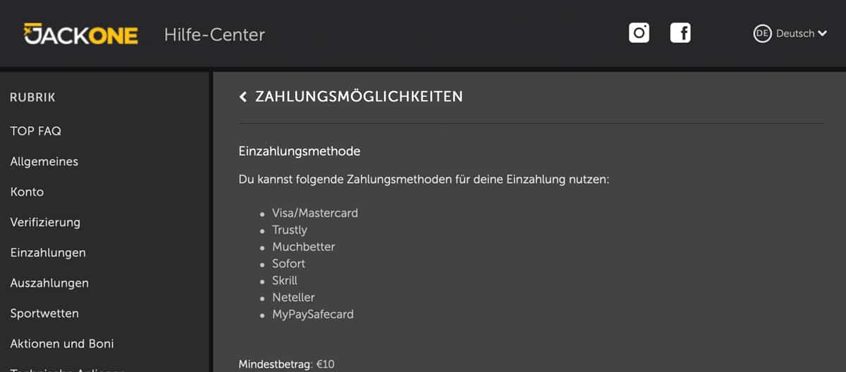 Jackone Zahlungsmethoden